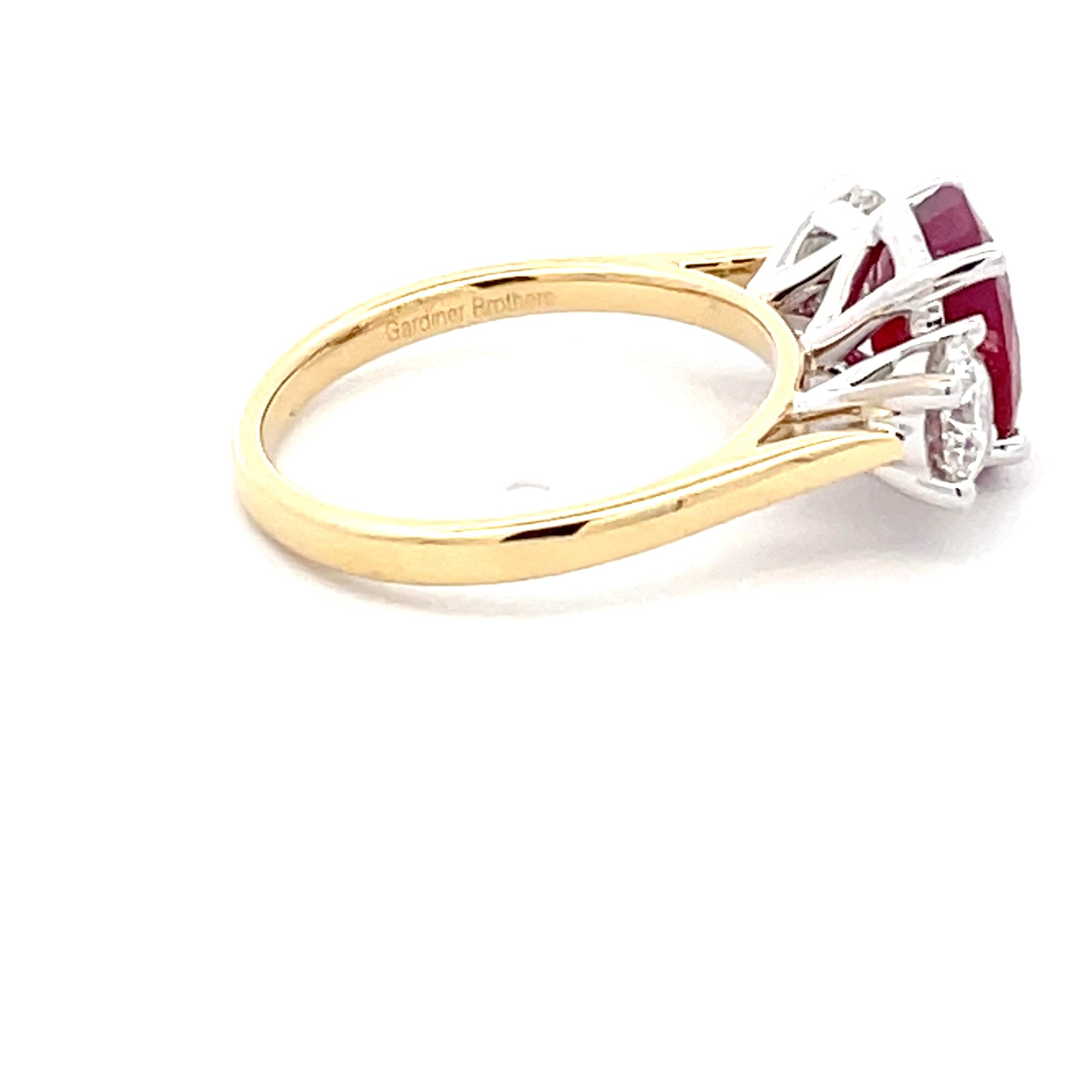 Ruby and Round Brilliant Cut Diamond 3 Stone ring  Gardiner Brothers   