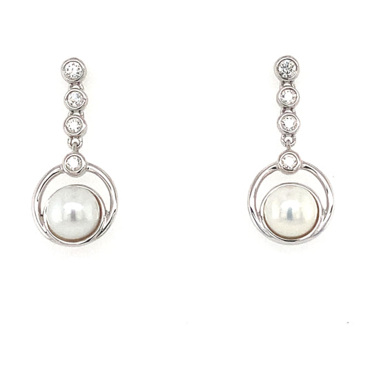 White Gold Fancy Diamond Drop Pearl Earrings