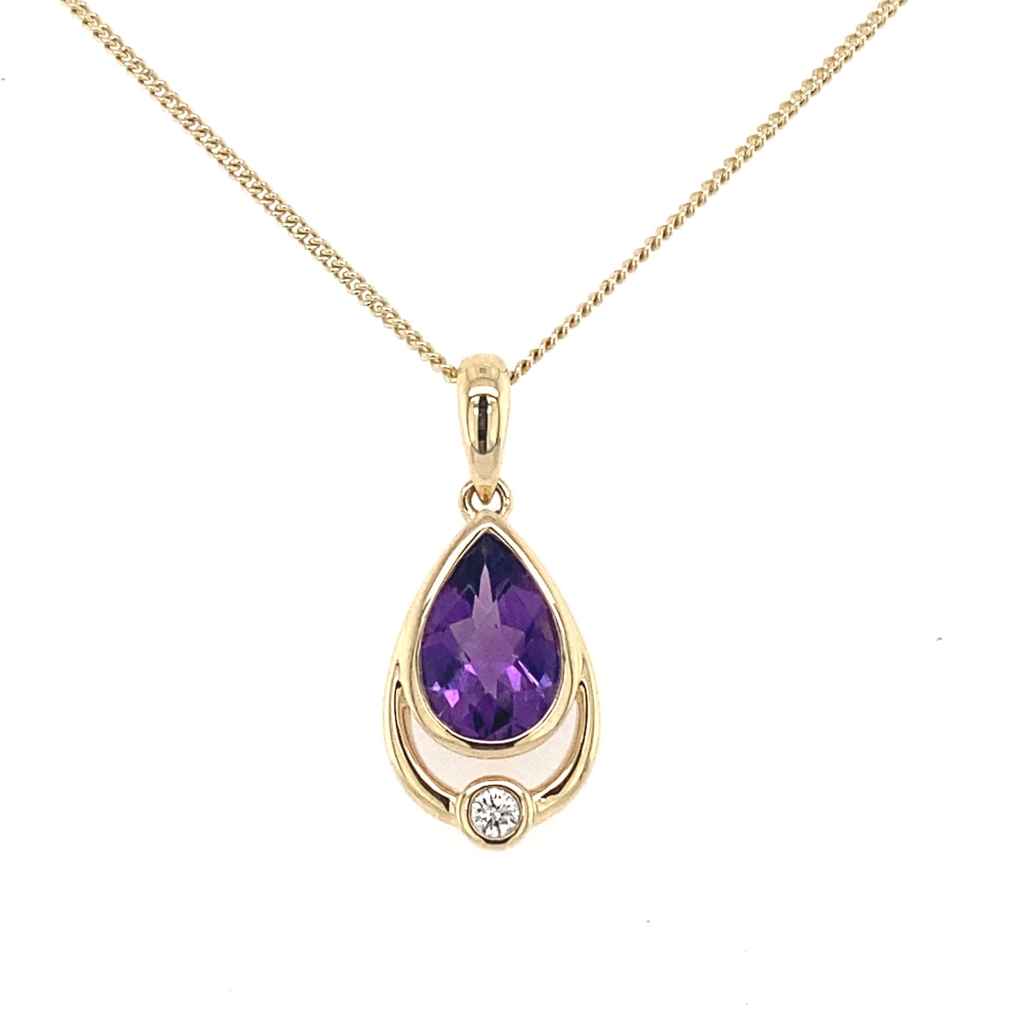 Pear Shaped Amethyst and Round Brilliant Cut Diamond Pendant Gardiner Brothers
