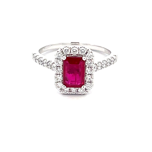 Octagonal Shaped Ruby and Round Brilliant Cut Diamond Halo Cluster Style Ring