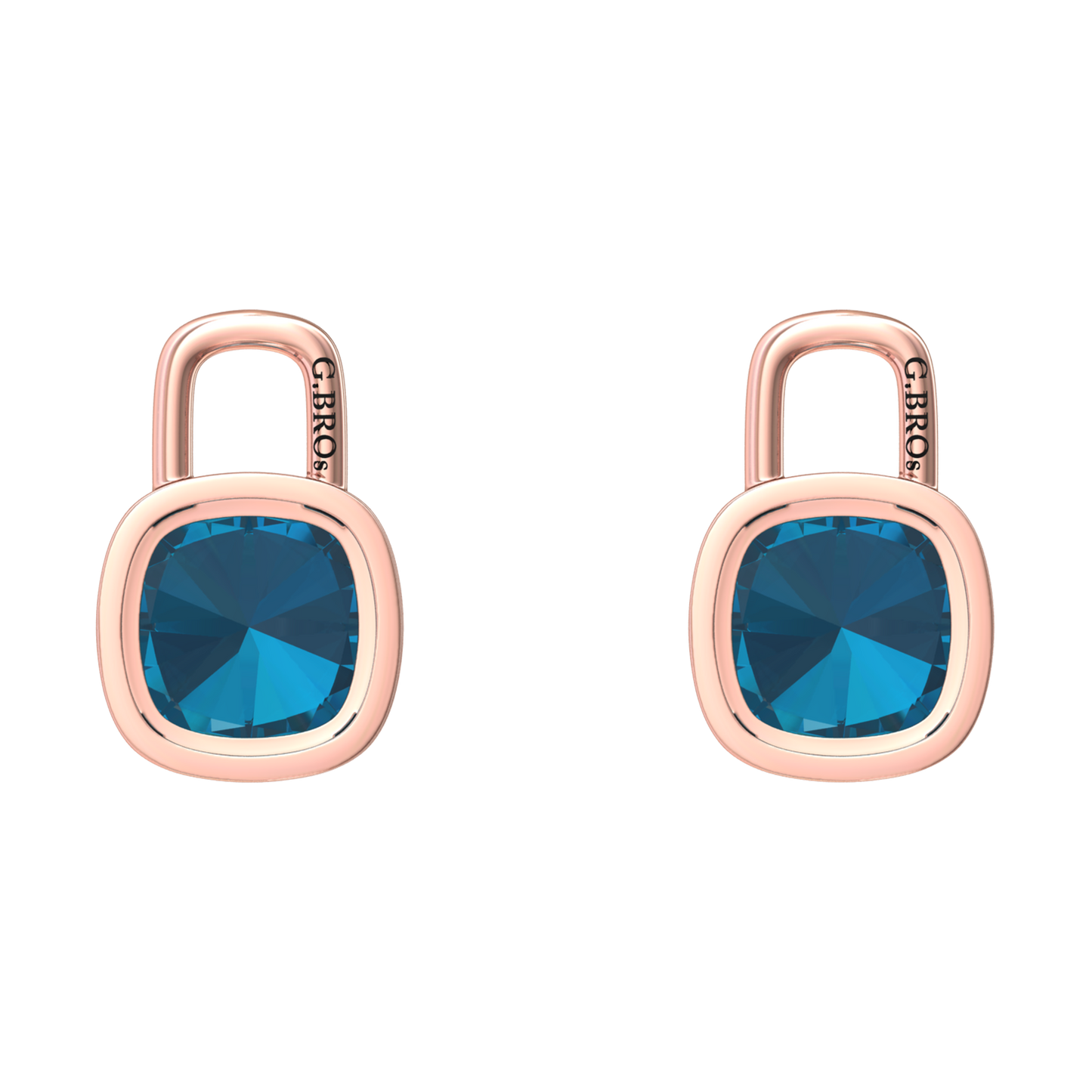 Nova earring attachments in a plain bezel setting with cushion shaped London Blue Topaz Gardiner Brothers