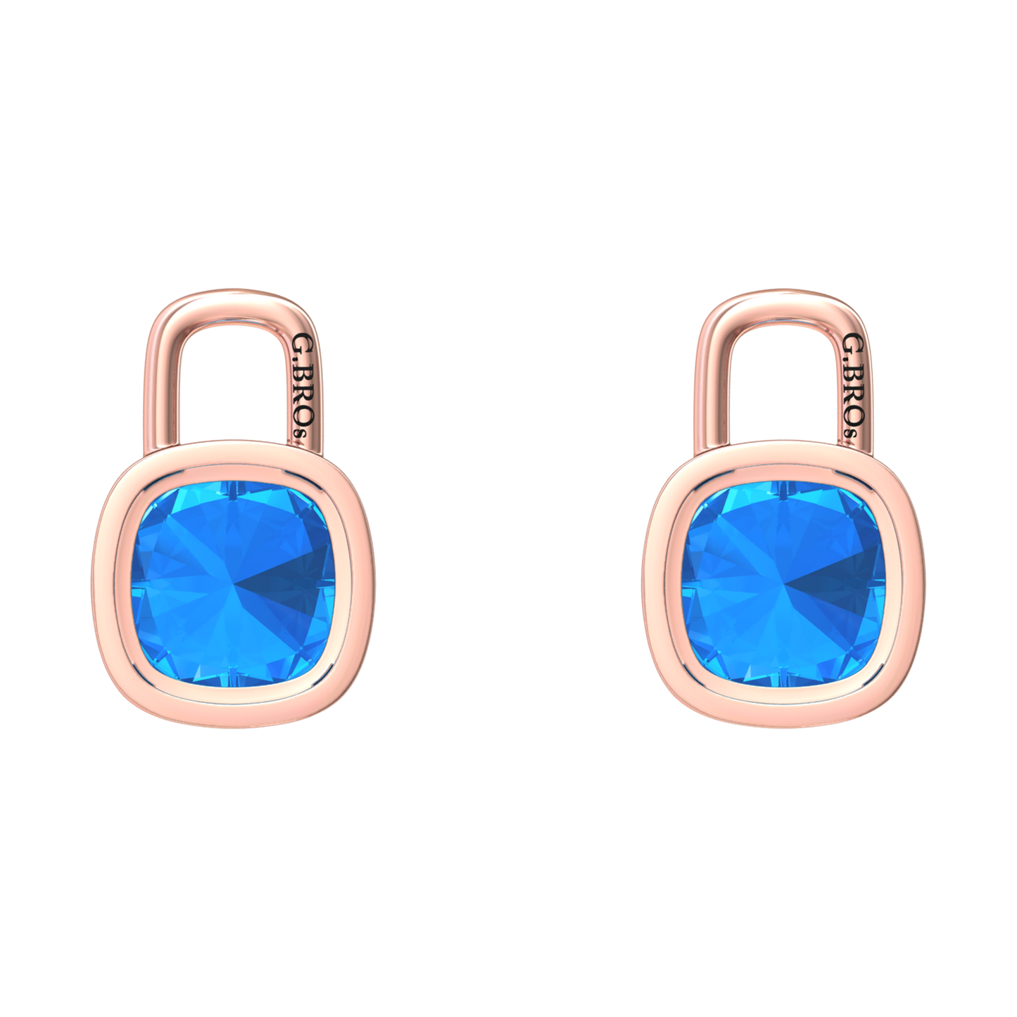 Nova earring attachments in a plain bezel setting with cushion shaped Swiss Blue Topaz Gardiner Brothers