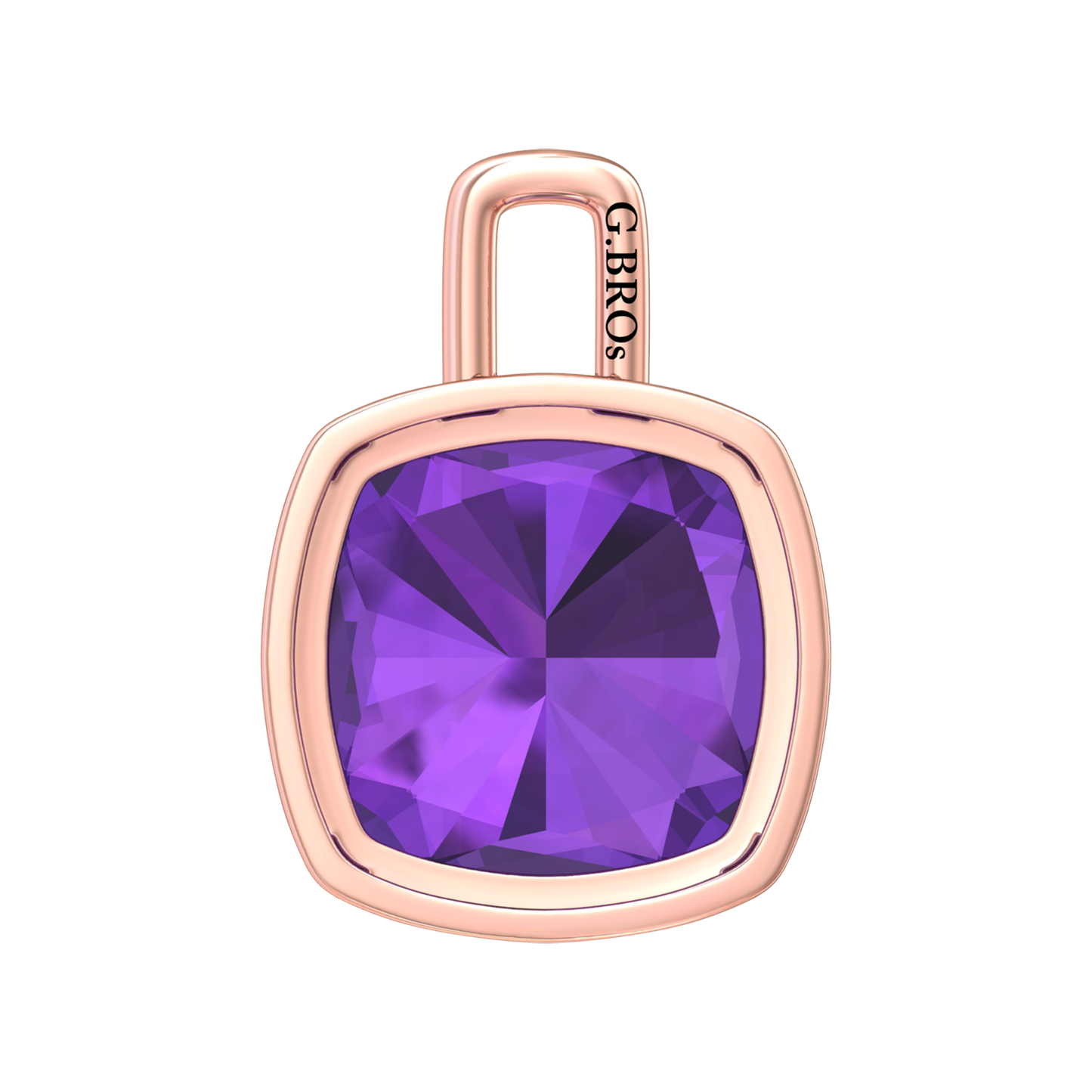 Nova pendant attachment in a plain bezel setting with cushion shaped Amethyst Gardiner Brothers