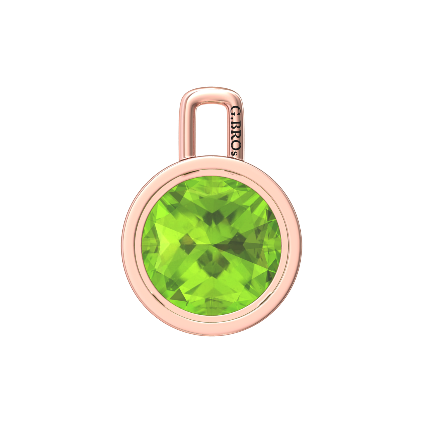 Nova pendant attachment in a plain bezel setting with round Peridot Gardiner Brothers