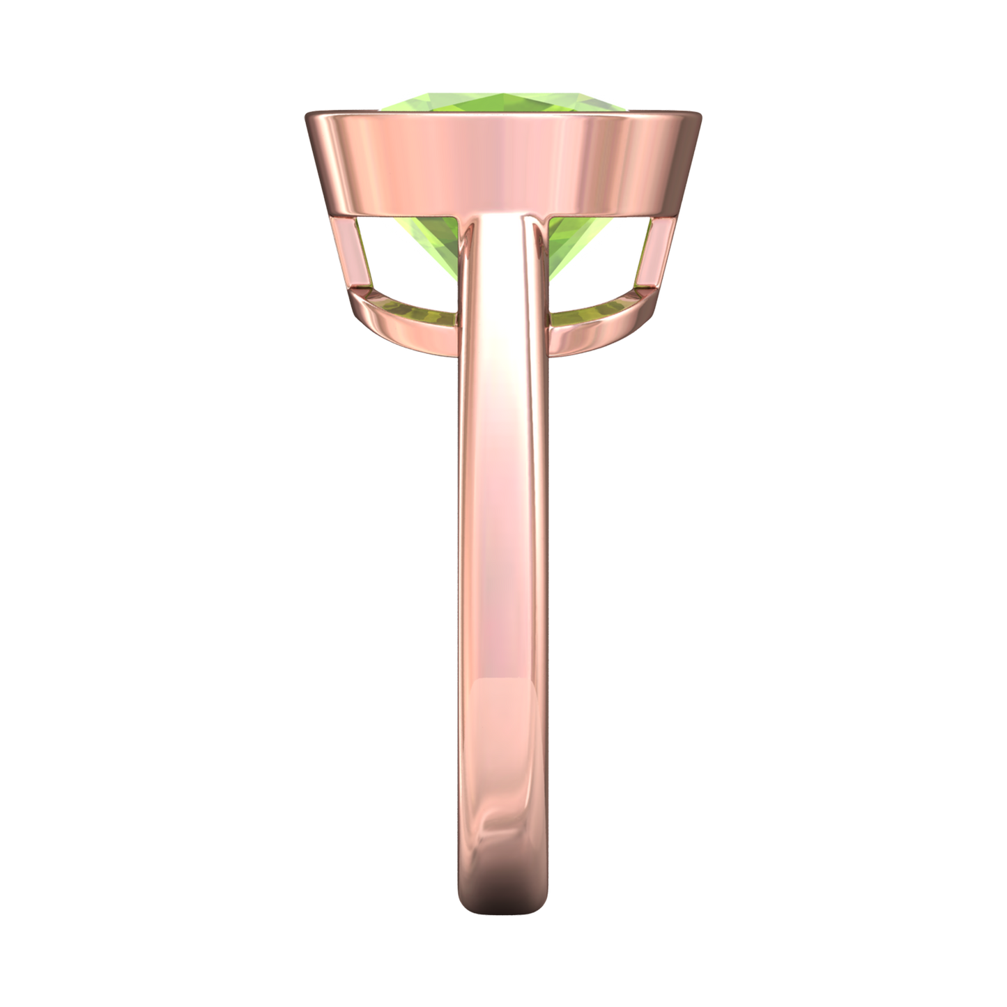 Nova cushion shaped Peridot ring set in a plain bezel setting Gardiner Brothers