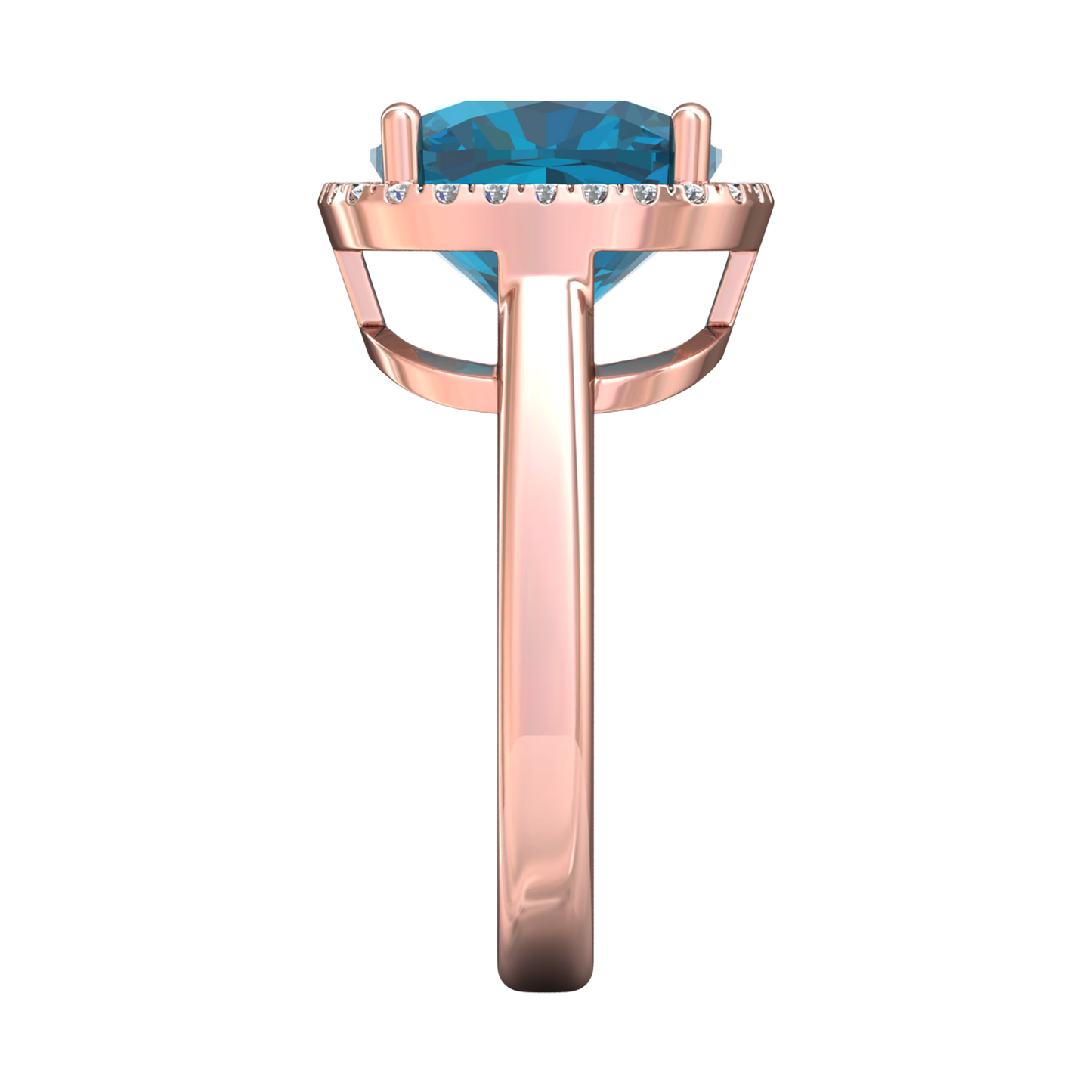 Nova cushion shaped London Blue Topaz ring with a halo of diamonds Gardiner Brothers