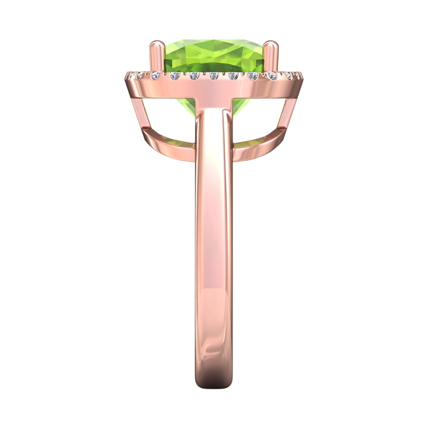 Nova cushion shaped Peridot ring with a halo of diamonds Gardiner Brothers
