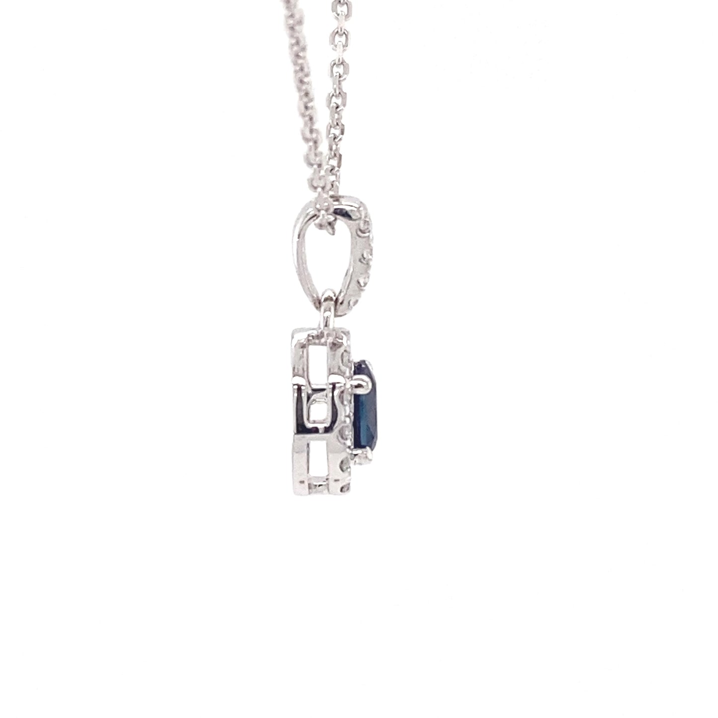 Oval sapphire and round brilliant cut diamond halo style pendant Gardiner Brothers