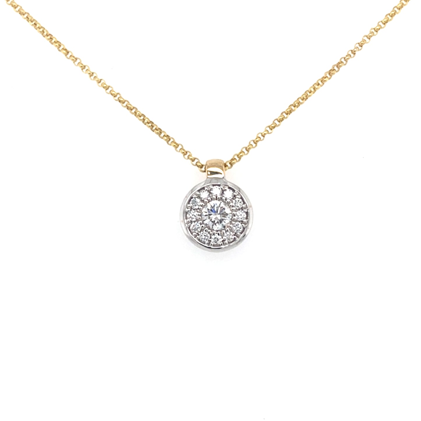 yellow and white gold Round Brilliant Cut Diamond Halo style pendant Gardiner Brothers