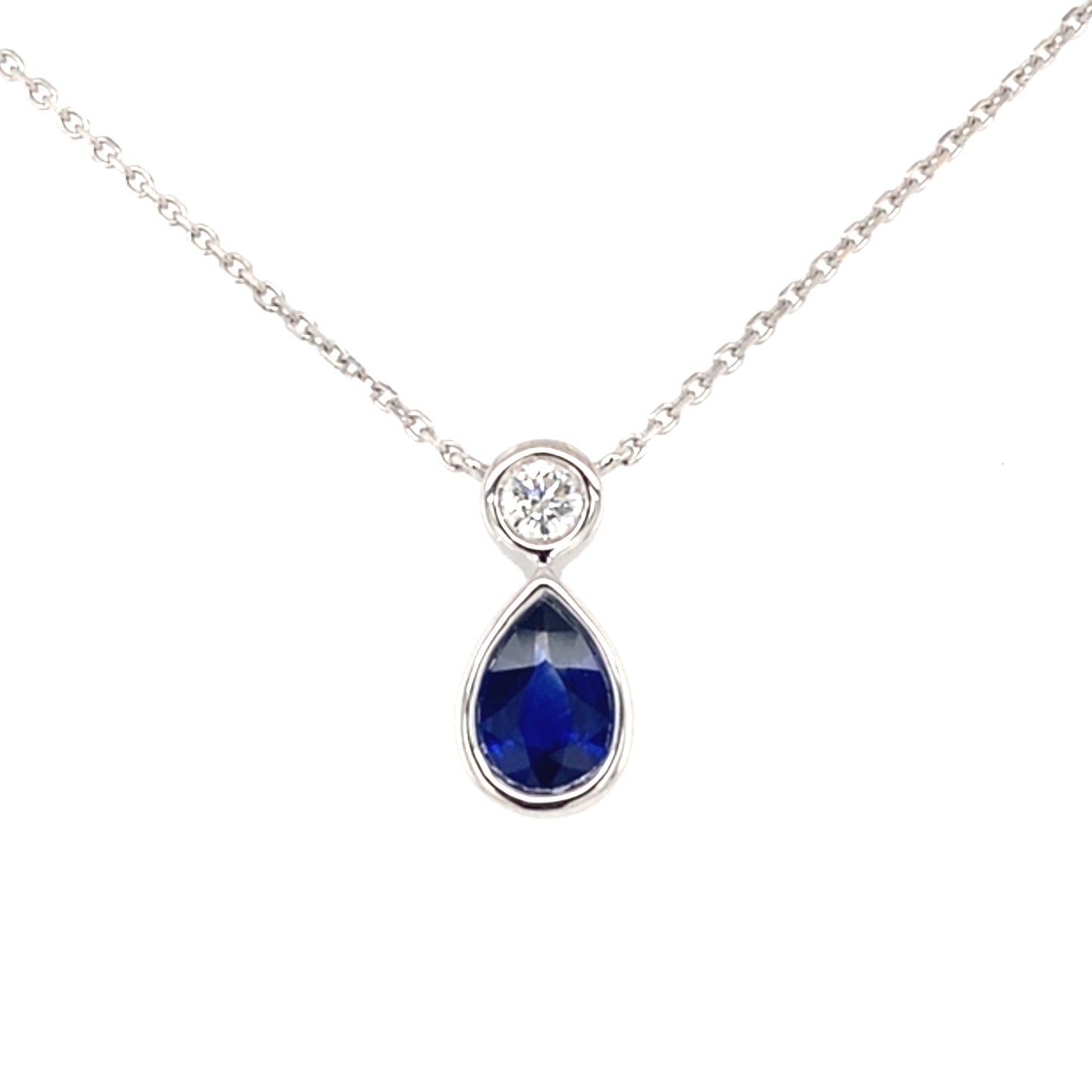 Pear Sapphire and round brilliant cut diamond drop style pendant Gardiner Brothers
