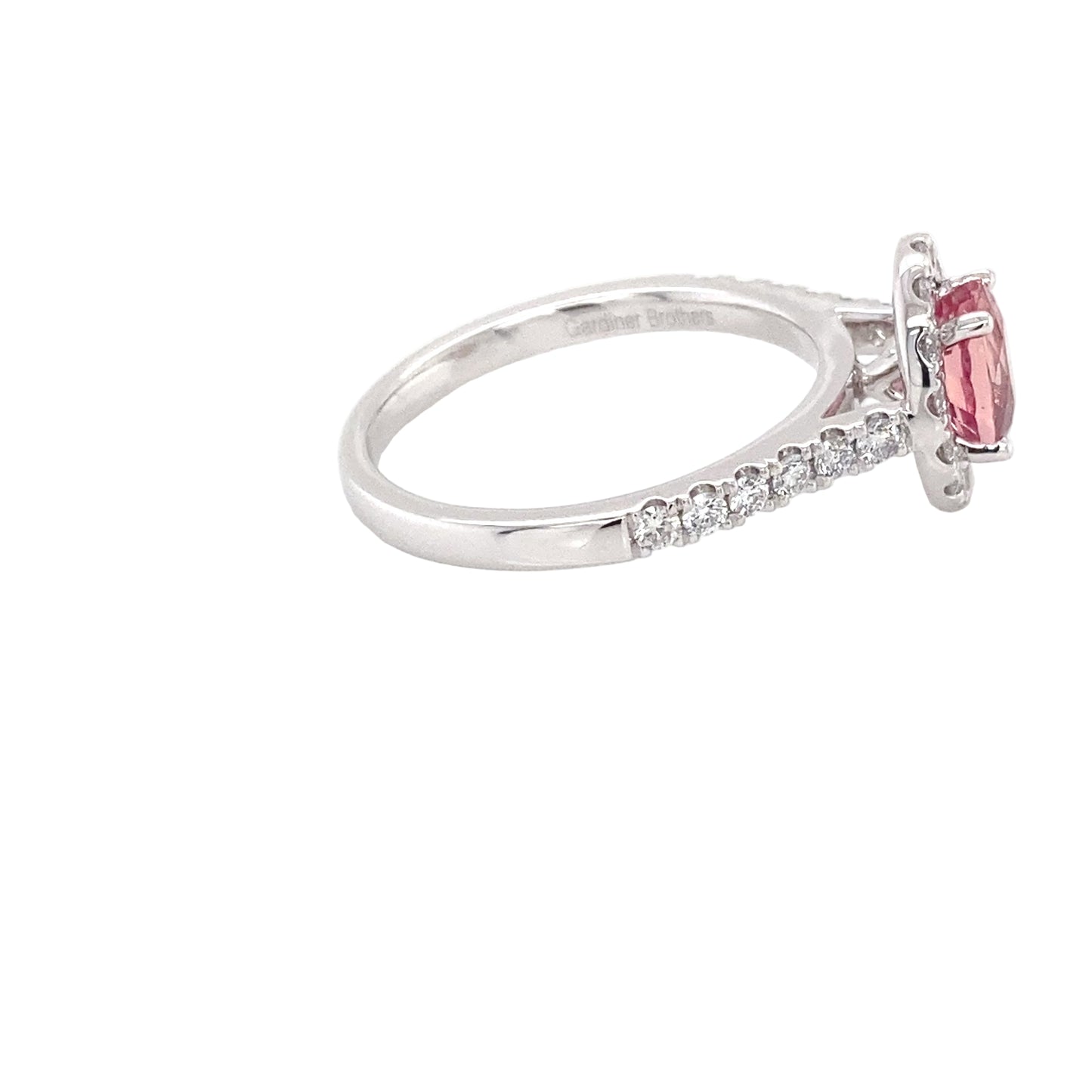 Padparadscha Sapphire and Diamond halo cluster style ring Gardiner Brothers