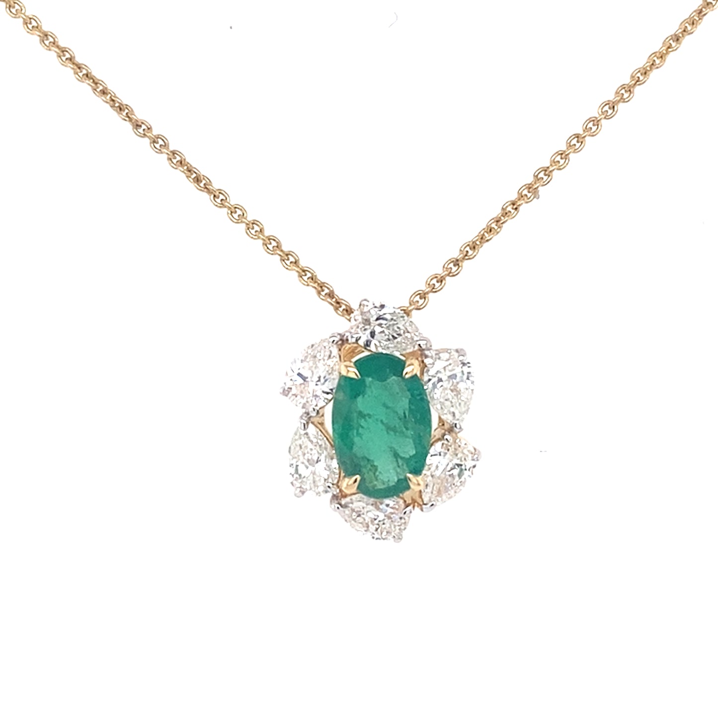 Oval shaped emerald and pear shaped diamond cluster pendant Gardiner Brothers