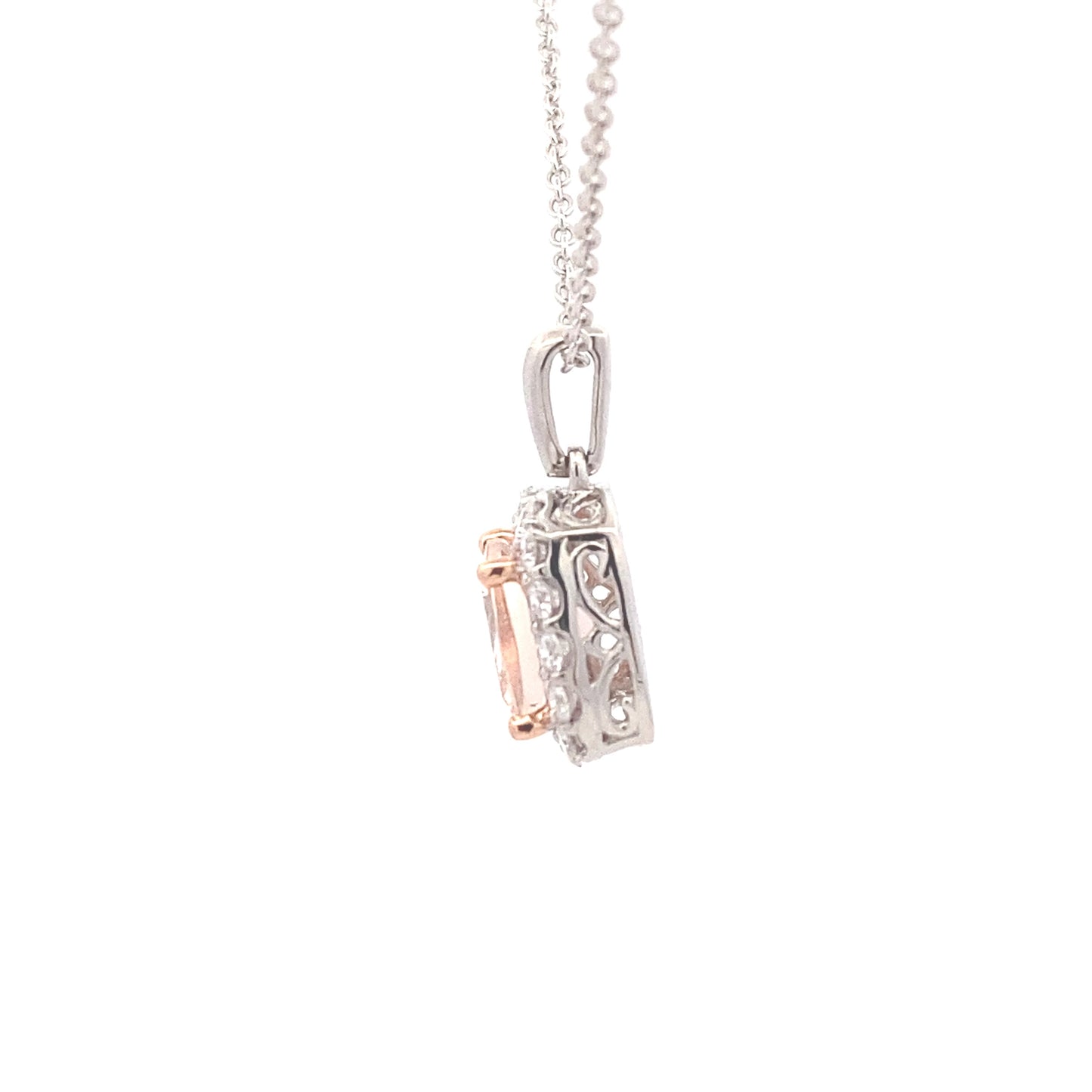Cushion Shaped Morganite and round brilliant cut diamond halo pendant Gardiner Brothers