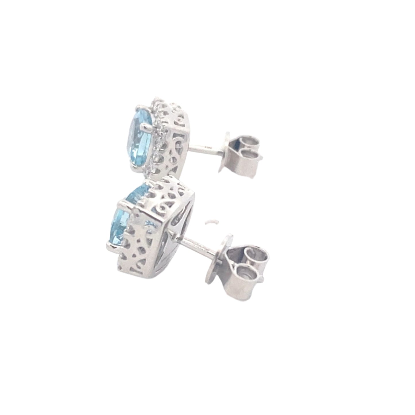 Cushion Shaped Aquamarine and round brilliant cut diamond earrings Gardiner Brothers