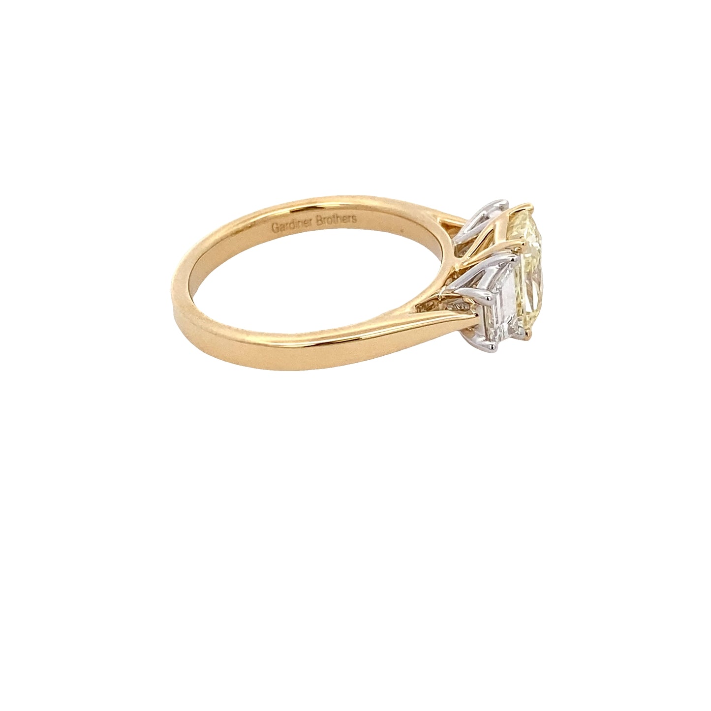 Radiant cut yellow and trapezoid diamond 3 stone ring - 1.93cts Gardiner Brothers