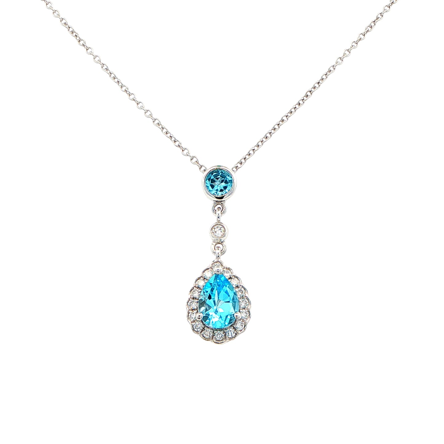 Pear Shaped Swiss Blue Topaz and Diamond Halo Drop Style Pendant Gardiner Brothers