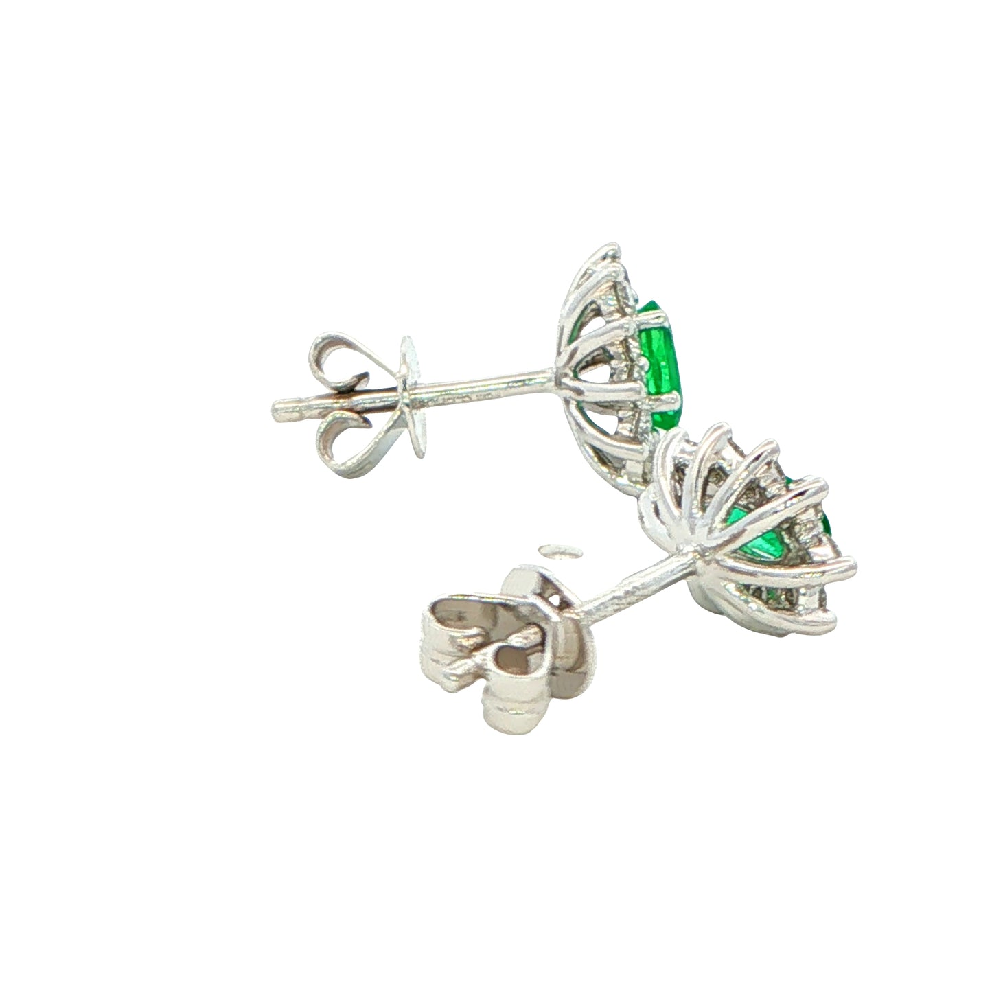 Oval shaped emerald and round brilliant cut diamond cluster style earrings Gardiner Brothers