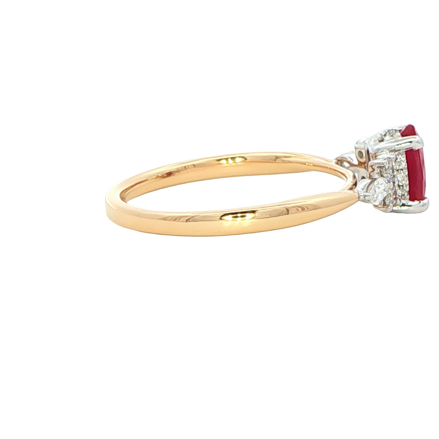 Oval shaped ruby with brilliant and marquise shaped diamond shoulders Gardiner Brothers