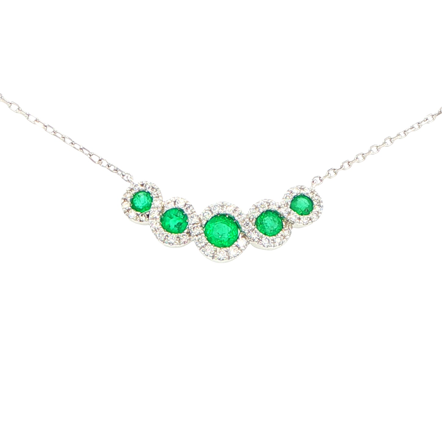 5 stone Emerald and round brilliant cut diamond halo style necklet Gardiner Brothers
