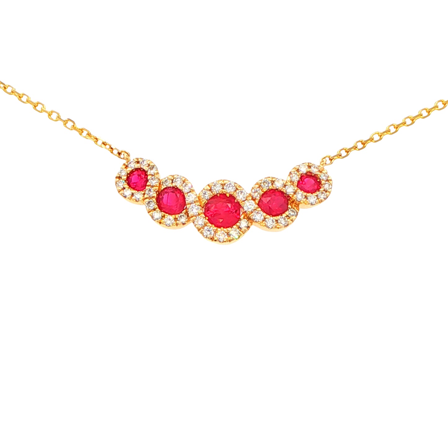 5 round rubies set with a halo of round brilliant cut diamonds necklet Gardiner Brothers