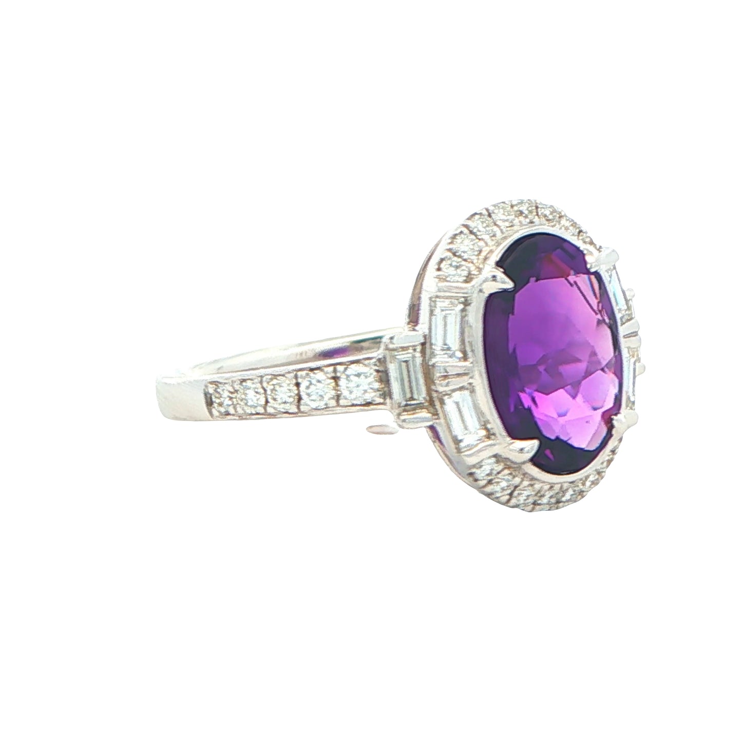 Oval Amethyst and Round Brilliant and Baguette Cut Diamond Cluster Ring Gardiner Brothers