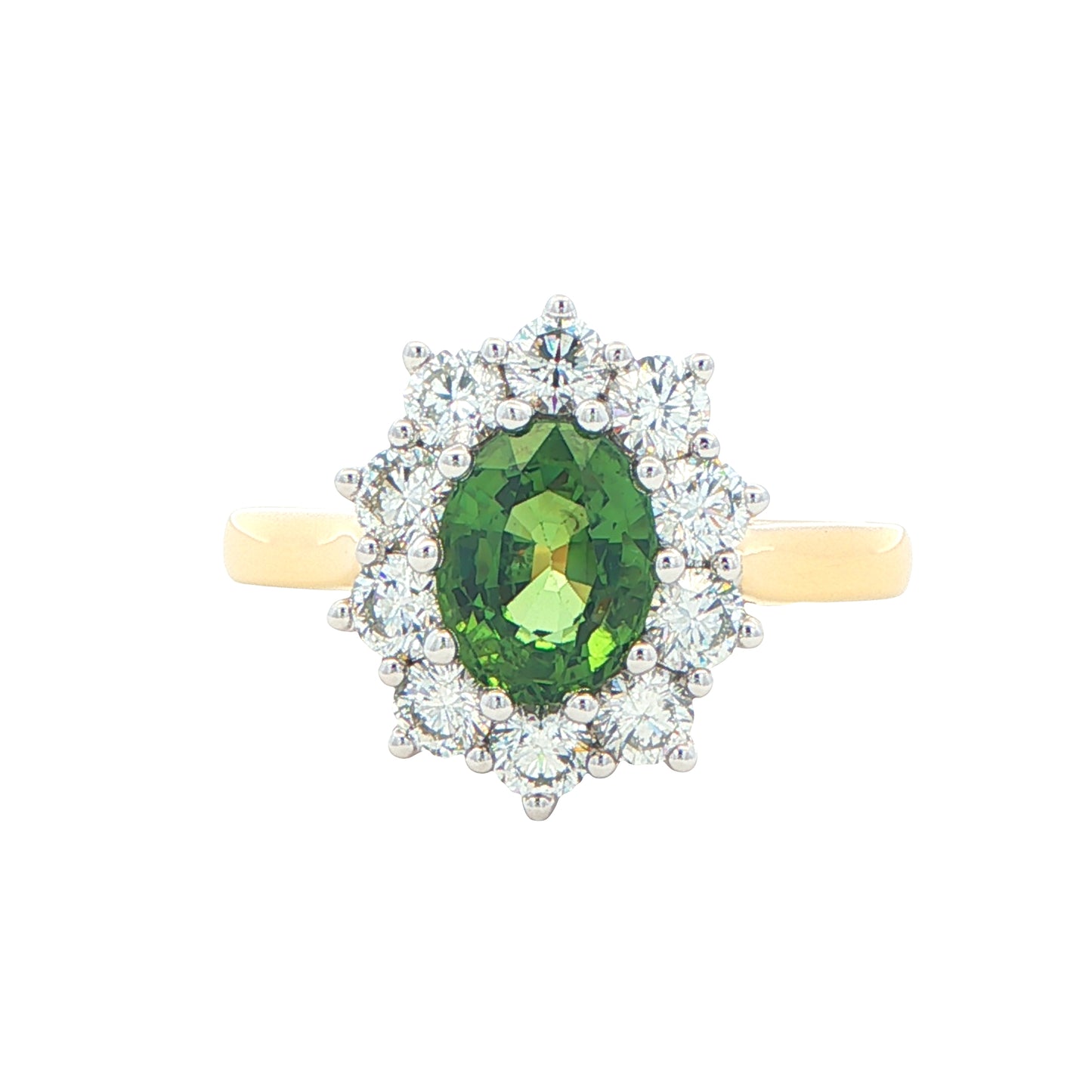 Green Sapphire and Round Brilliant Cut Diamond Cluster Ring