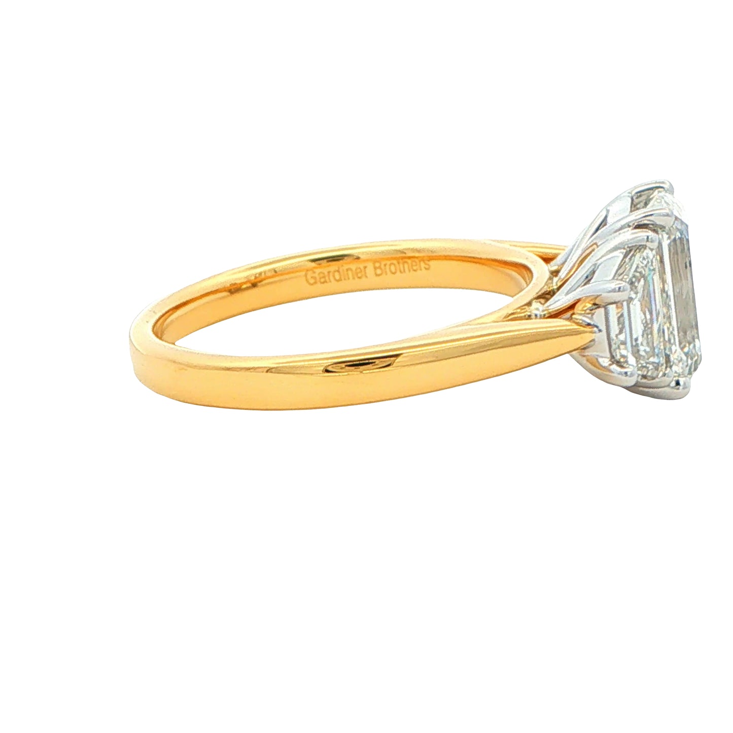 Yellow Gold Emerald and Trapezoid Cut Diamond 3 Stone Ring - 2.86cts