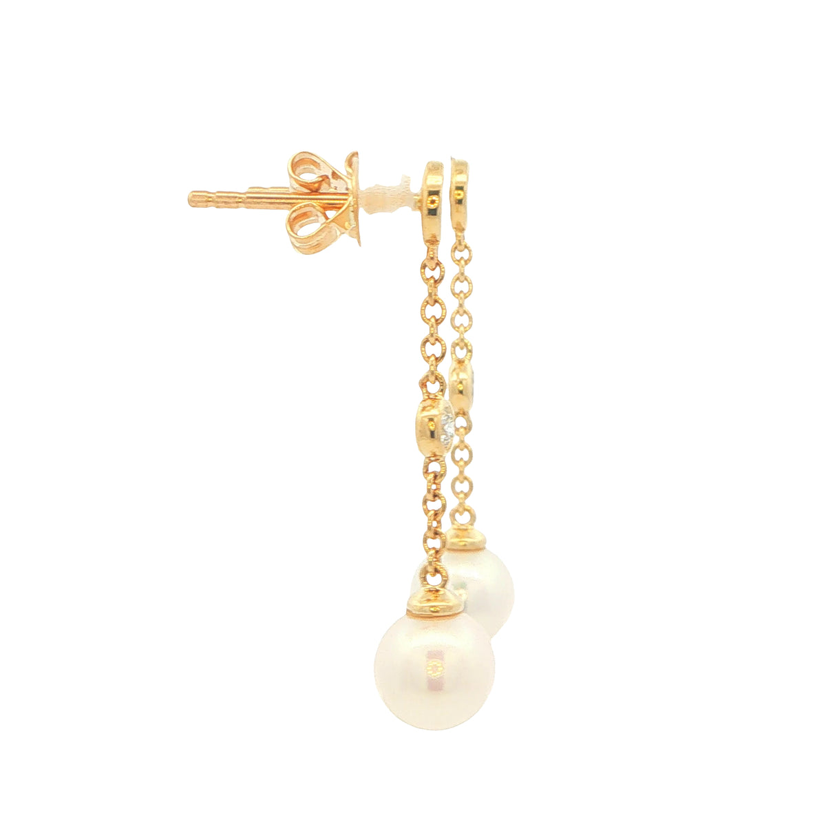 Yellow Gold 'Yard of Diamond and Akoya Pearl' Drop Style Earrings Gardiner Brothers