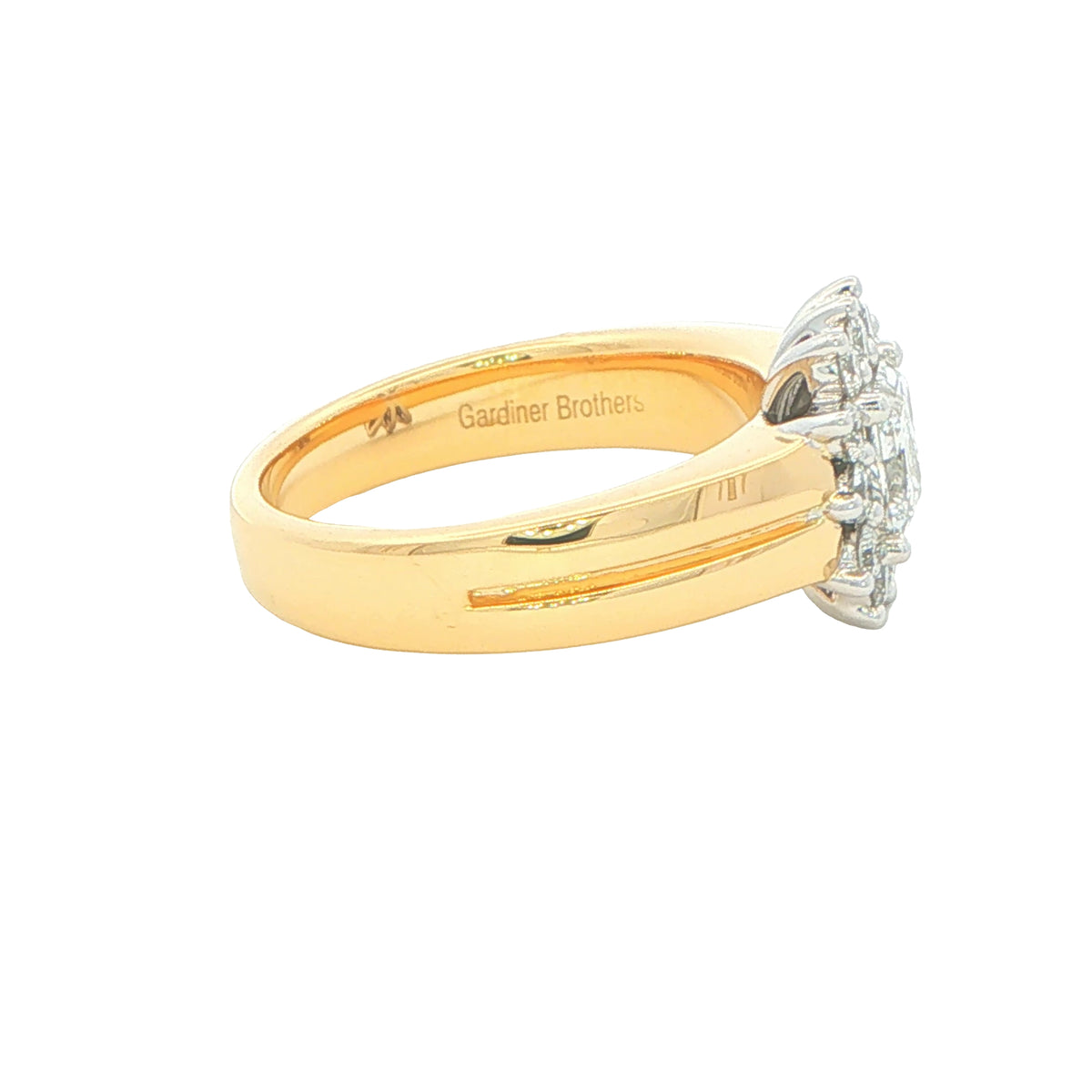 Yellow Gold Princess and Round Brilliant Cut Diamond Cluster Ring - 0.89cts Gardiner Brothers