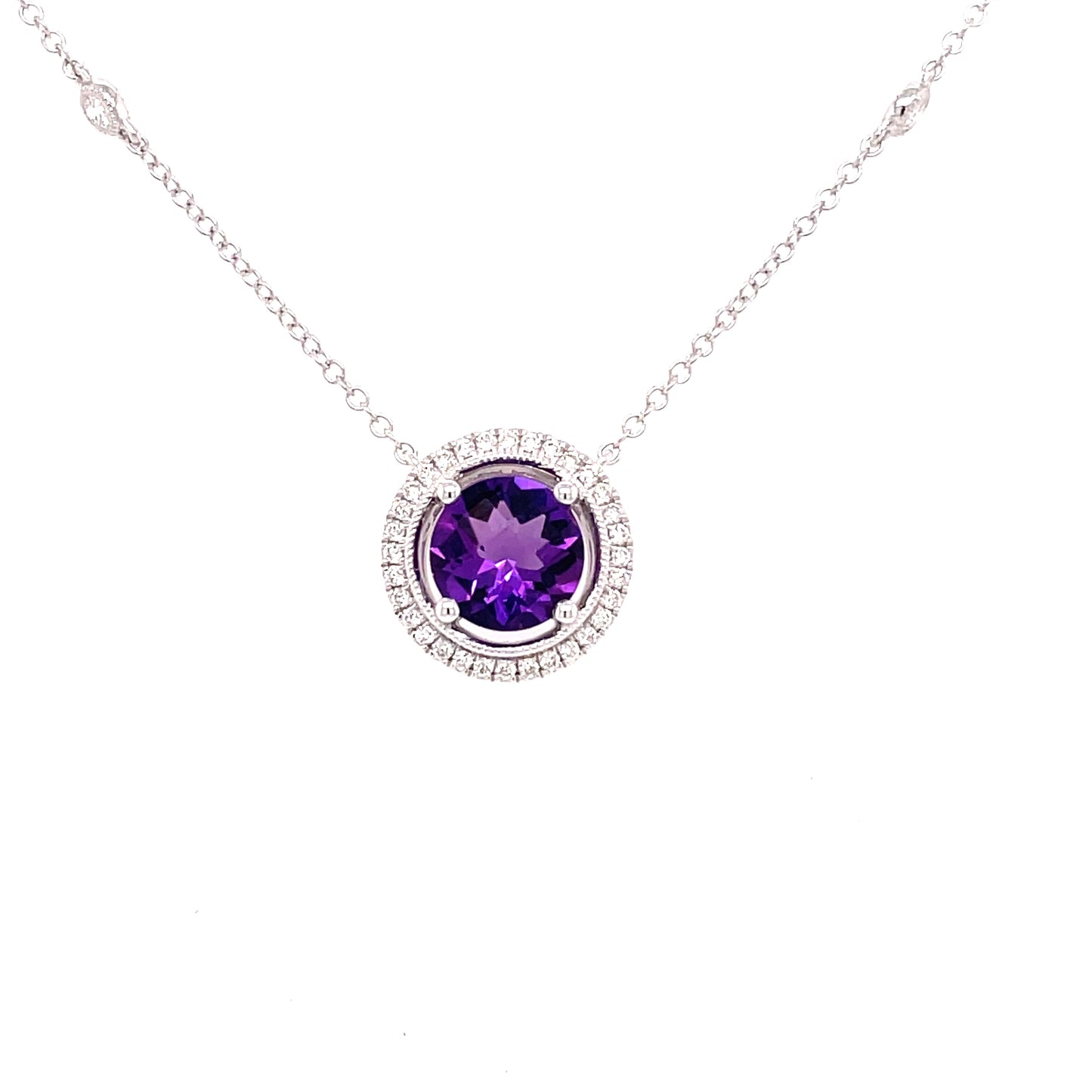 Amethyst and Diamond White Gold Halo Pendant Gardiner Brothers