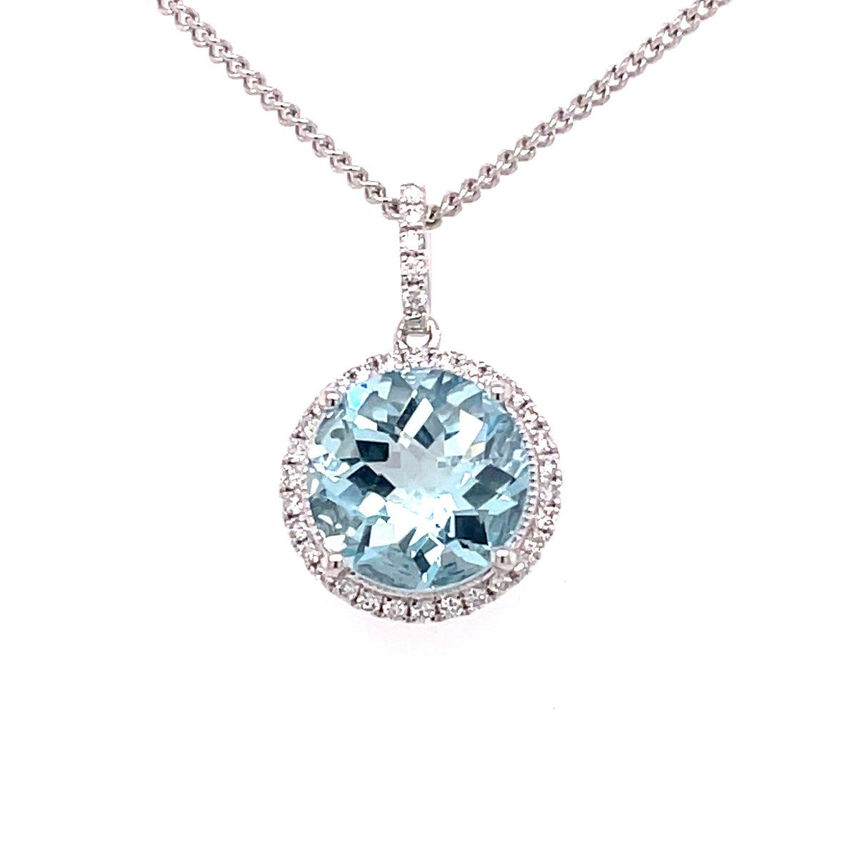 Aquamarine and Diamond Halo Style Pendant Gardiner Brothers