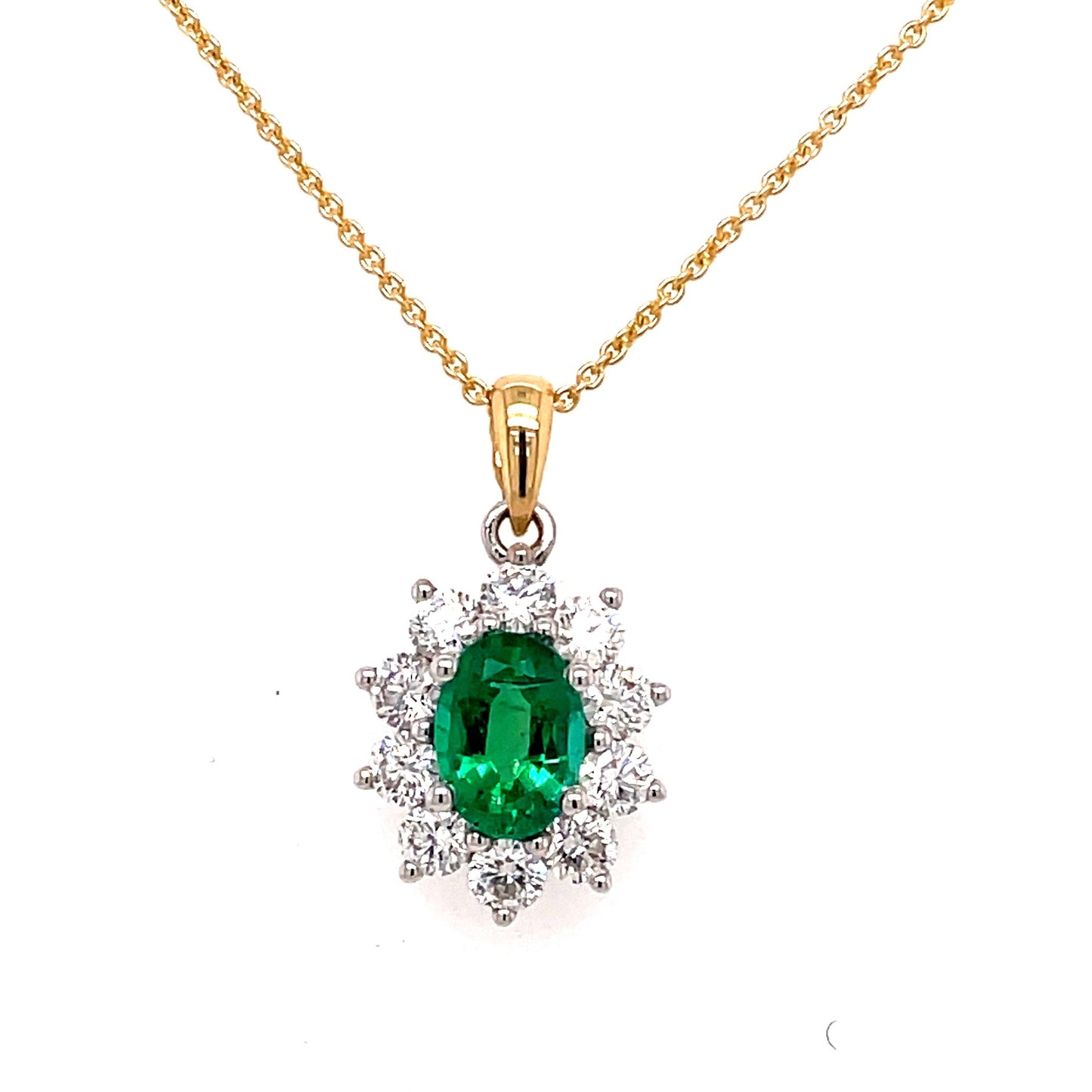 Emerald and Round Brilliant Cut Diamond Cluster Style Pendant Gardiner Brothers