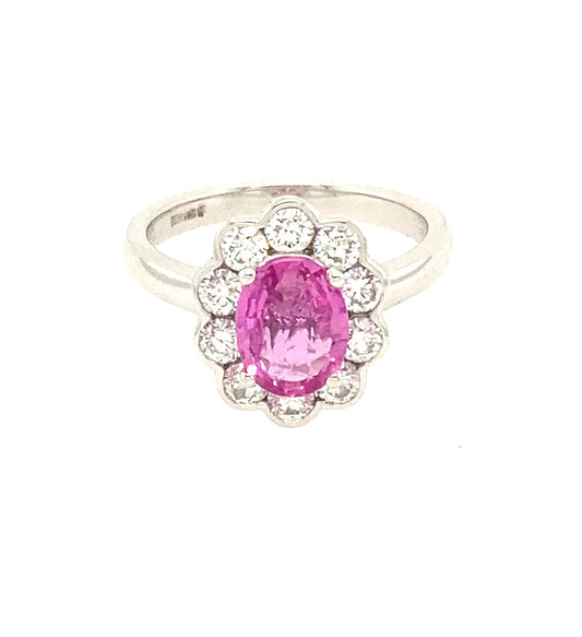 Platinum, Oval Pink Sapphire and Round Brilliant Cut Diamond, Modern Cluster Ring  Gardiner Brothers   