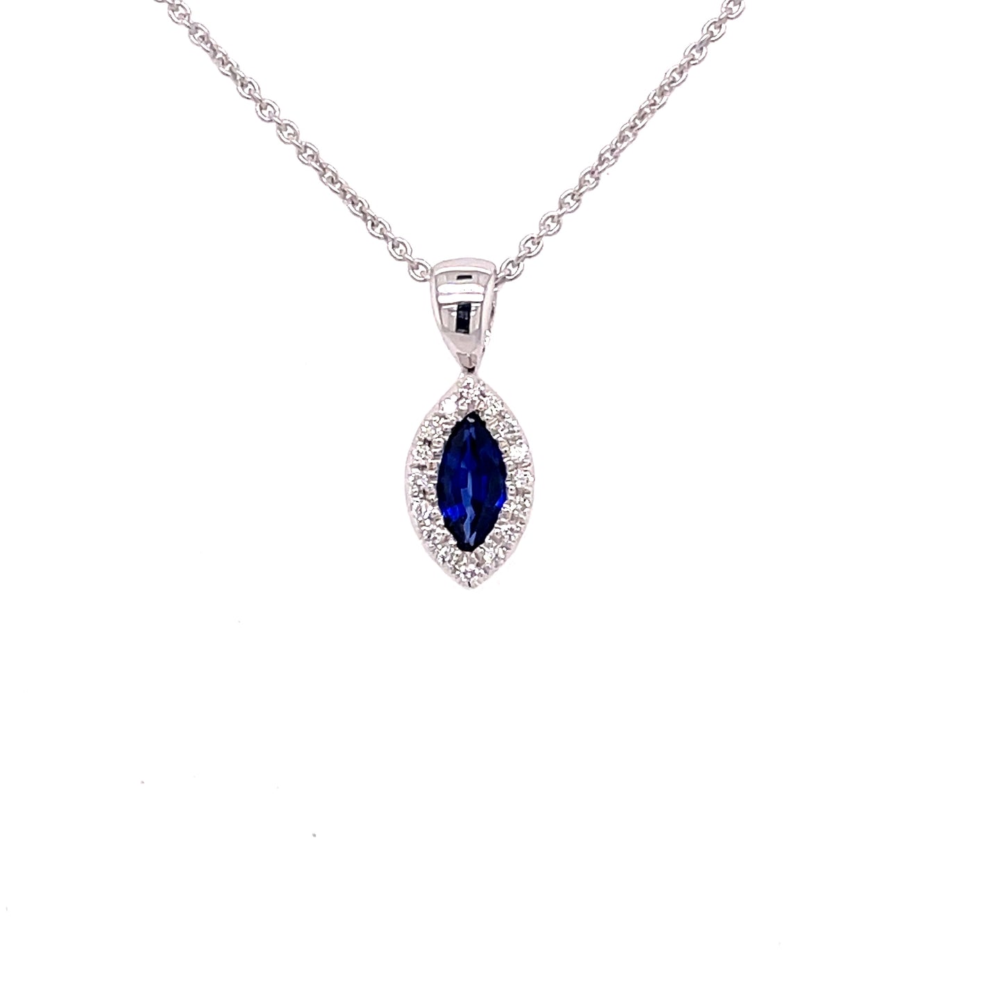 Sapphire and Diamond Marquise Shaped Halo Pendant Gardiner Brothers