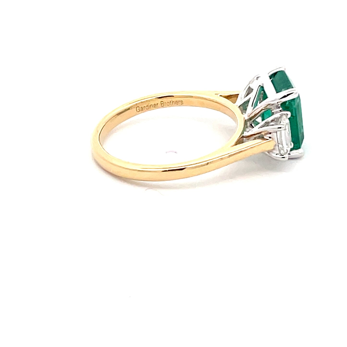 Octagonal Emerald and Emerald Cut Diamond 3 Stone Ring Gardiner Brothers