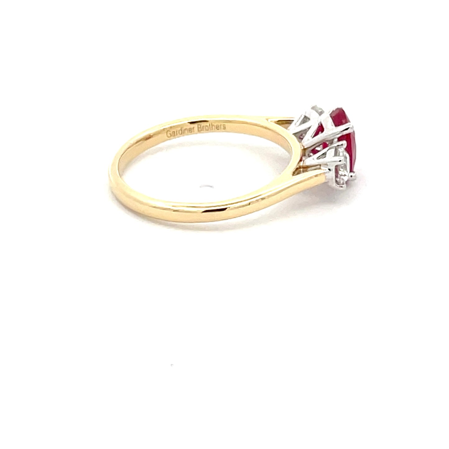 Ruby and Round Brilliant Cut Diamond 3 Stone Ring Gardiner Brothers