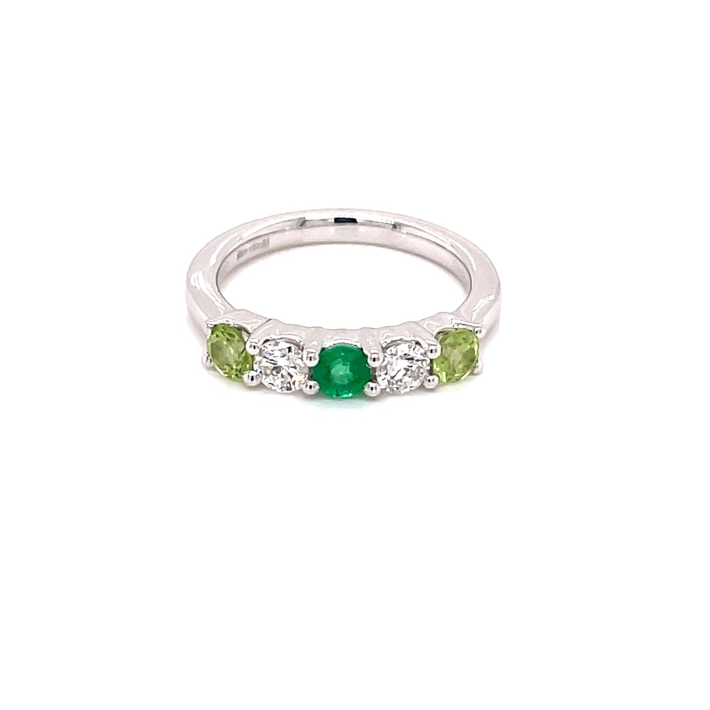 Platinum, Peridot, Diamond and Emerald 5 Stone Eternity Ring Rings Gardiner Brothers