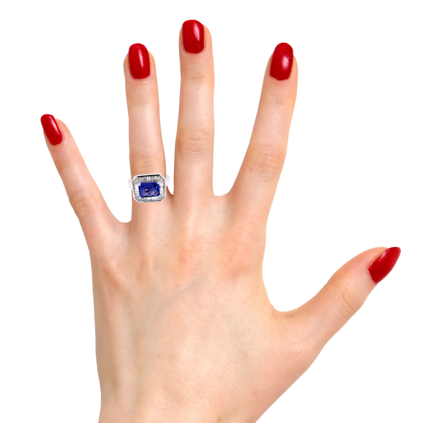 Tanzanite and Baguette Cut Diamond Halo Style Ring  Gardiner Brothers   