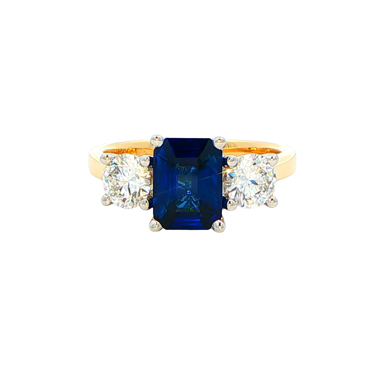 Octagonal Sapphire and Round Brilliant Cut Diamond 3 Stone Ring Gardiner Brothers
