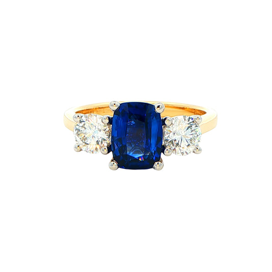 Cushion Sapphire and round brilliant cut diamond 3 stone ring Gardiner Brothers