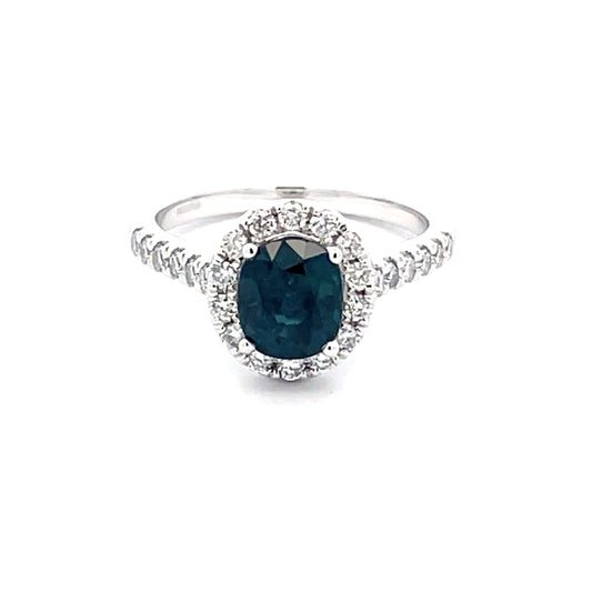 TEAL SAPPHIRE AND DIAMOND HALO STYLE RING  Gardiner Brothers   