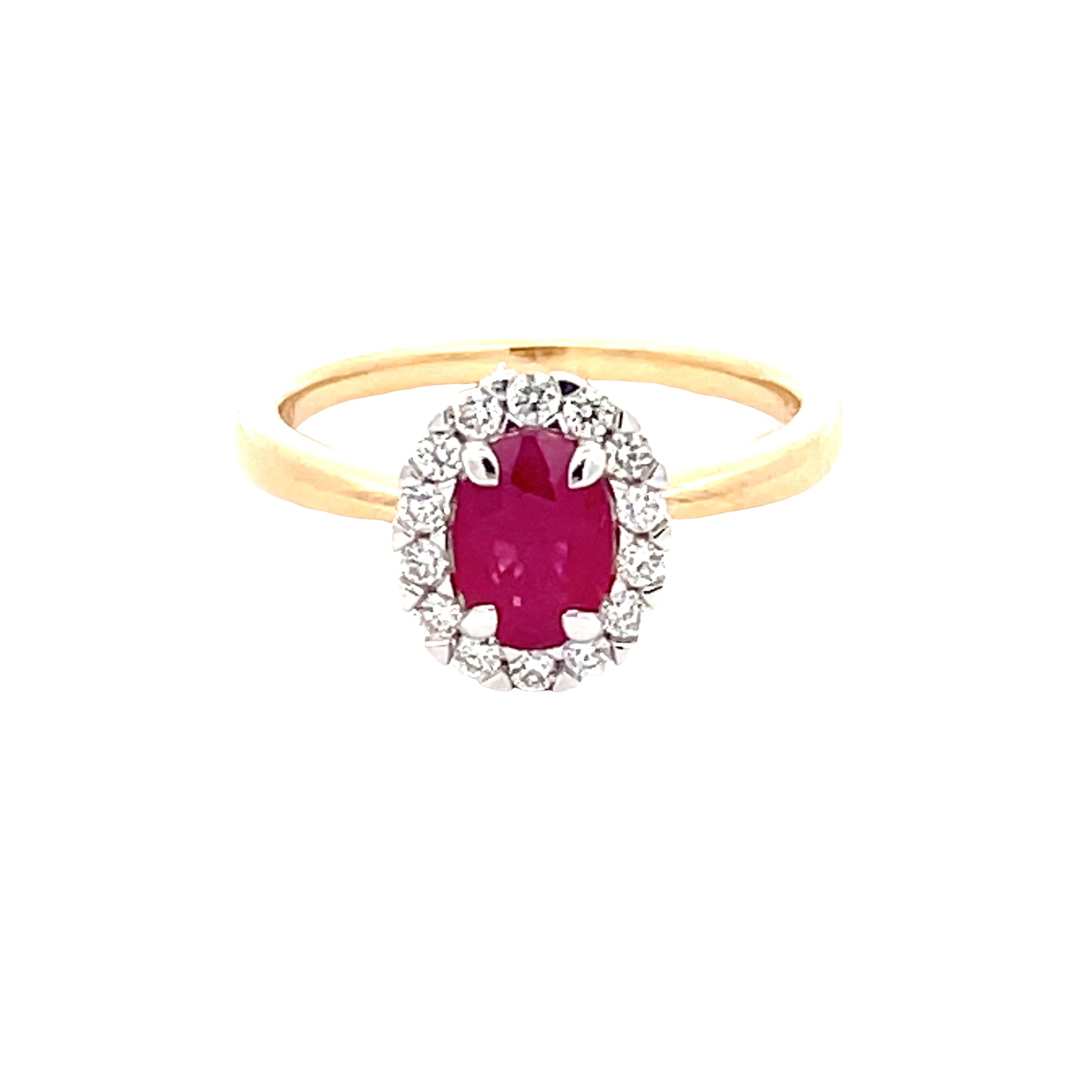 Ruby and round brilliant cut diamond halo cluster style ring  Gardiner Brothers   