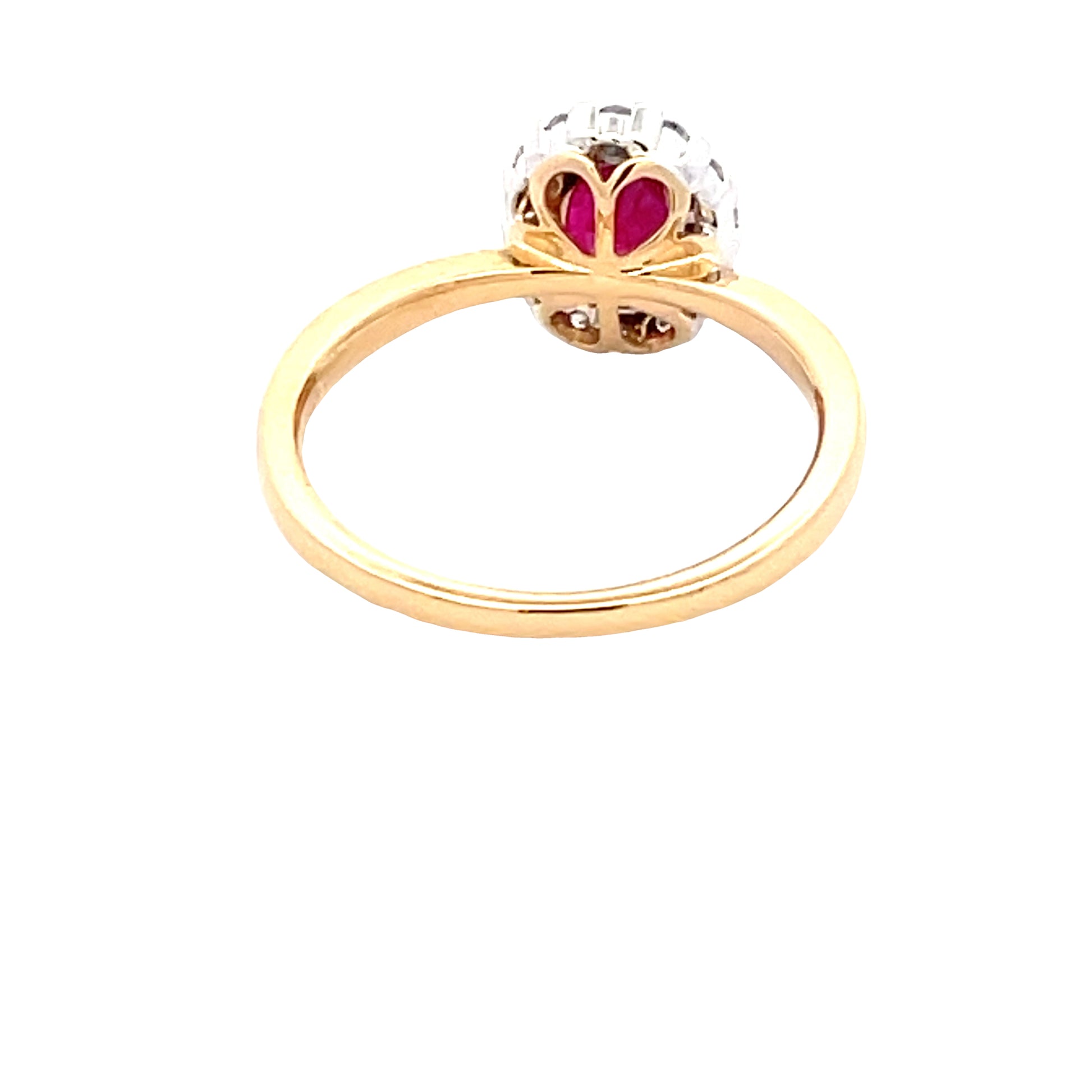 Ruby and round brilliant cut diamond halo cluster style ring  Gardiner Brothers   