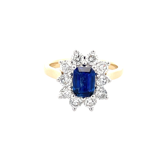 Octagonal Sapphire and round brilliant cut diamond cluster ring  Gardiner Brothers   