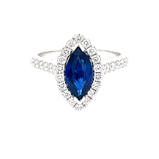 Marquise Shaped sapphire and Diamond Halo Cluster Ring  Gardiner Brothers   