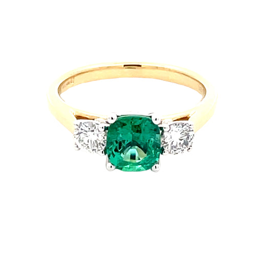 Cushion Shaped Emerald and round brilliant cut diamond 3 stone ring  Gardiner Brothers   
