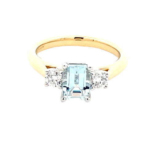 Octagonal Aquamarine and round brilliant cut diamond 3 stone ring  Gardiner Brothers   