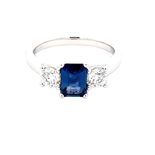 Octagonal Sapphire and round brilliant cut diamond 3 stone ring  Gardiner Brothers   
