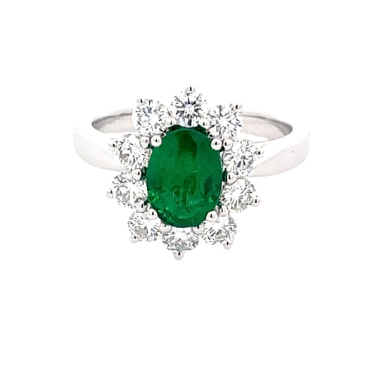 Oval Emerald and Round brilliant cut diamond cluster ring  Gardiner Brothers   