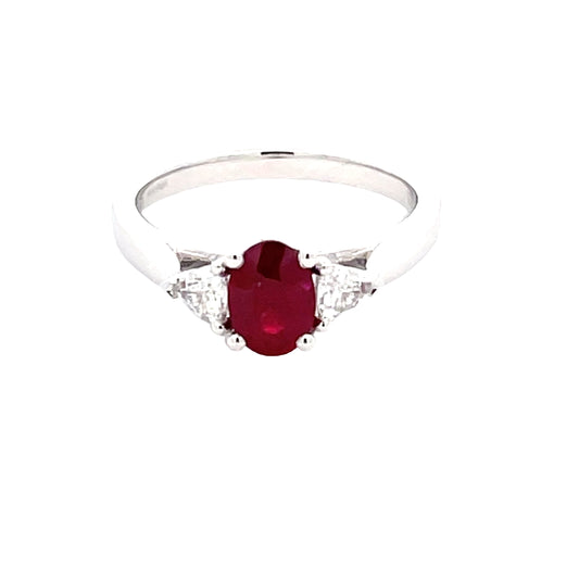 Oval Ruby and Trilliant Cut Diamond 3 Stone ring  Gardiner Brothers   